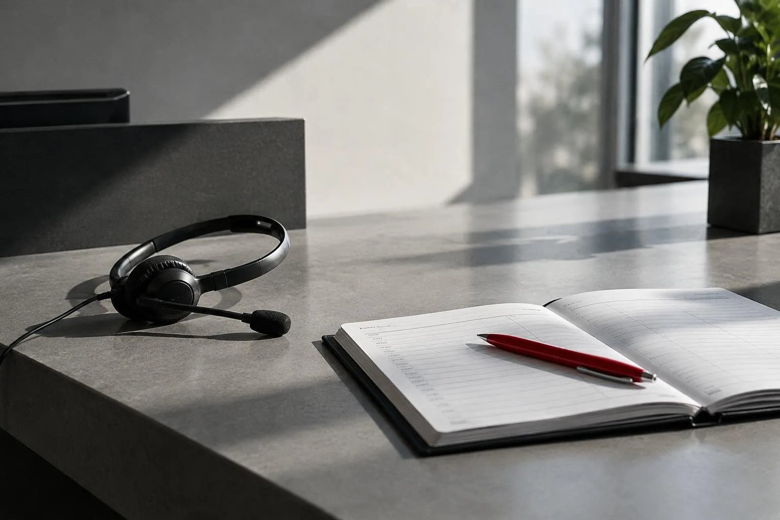 A headset and appointment book on a reception desk