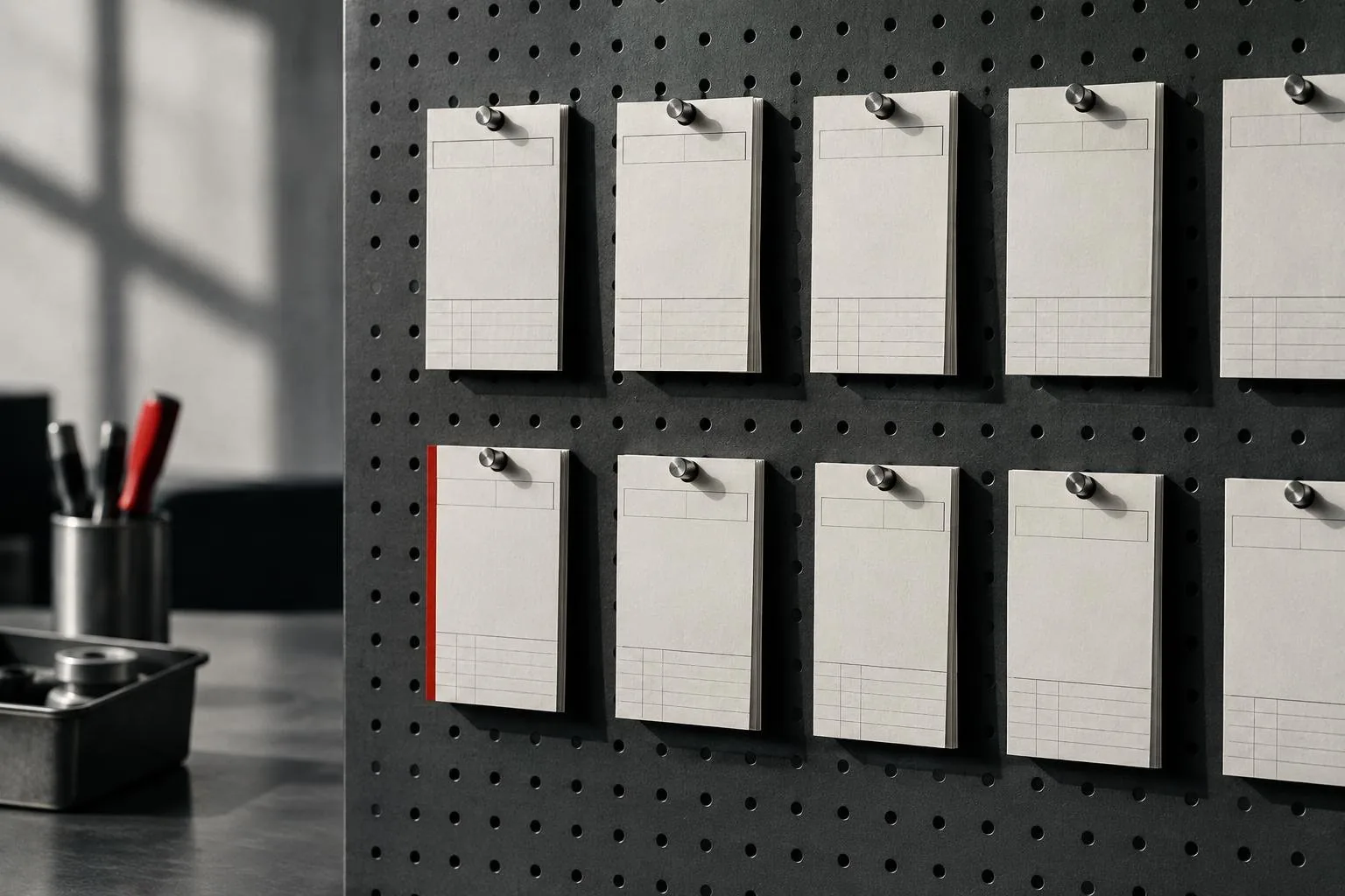 A dispatch board with job tickets pinned in rows