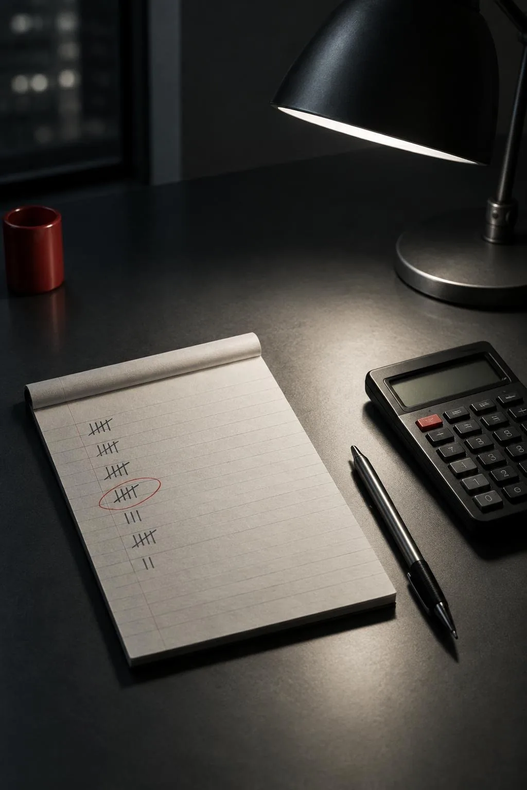 A hand-written weekly tally on a paper pad beside a calculator