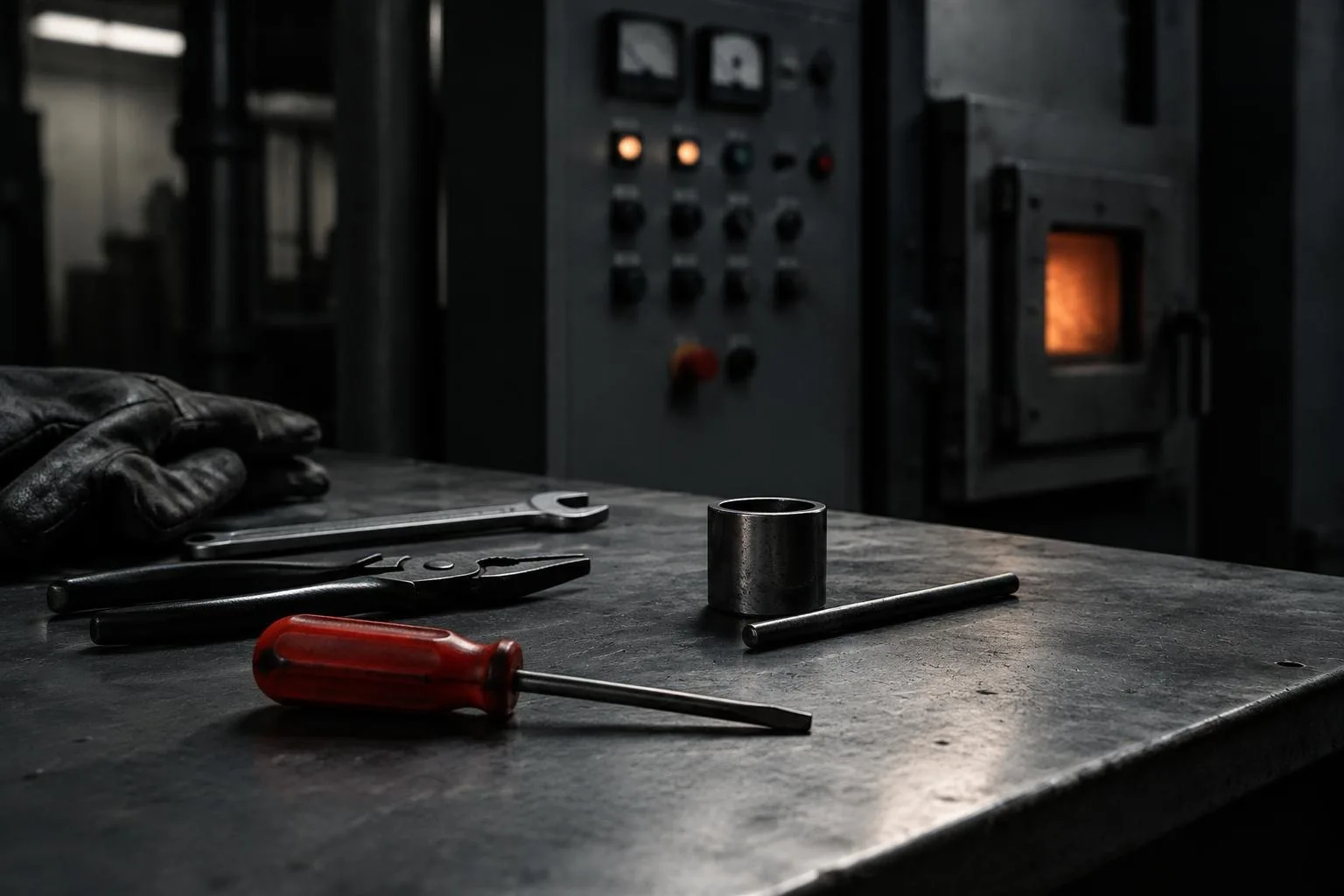 An HVAC technician’s tools and a furnace panel in low light